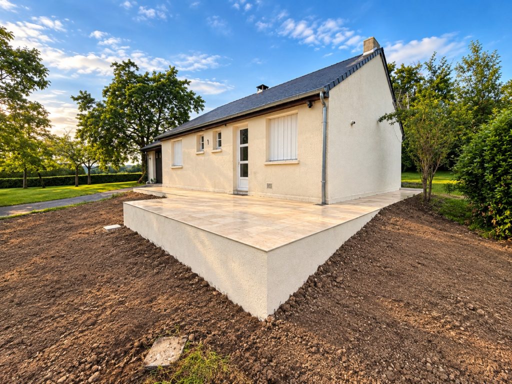Démolition et réalisation d’une terrasse en travertin sur mur de soutènement en enduit gratté